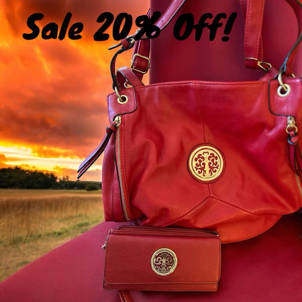 Unnamed Large Red Handbag with Gold hardware and matching wallet.